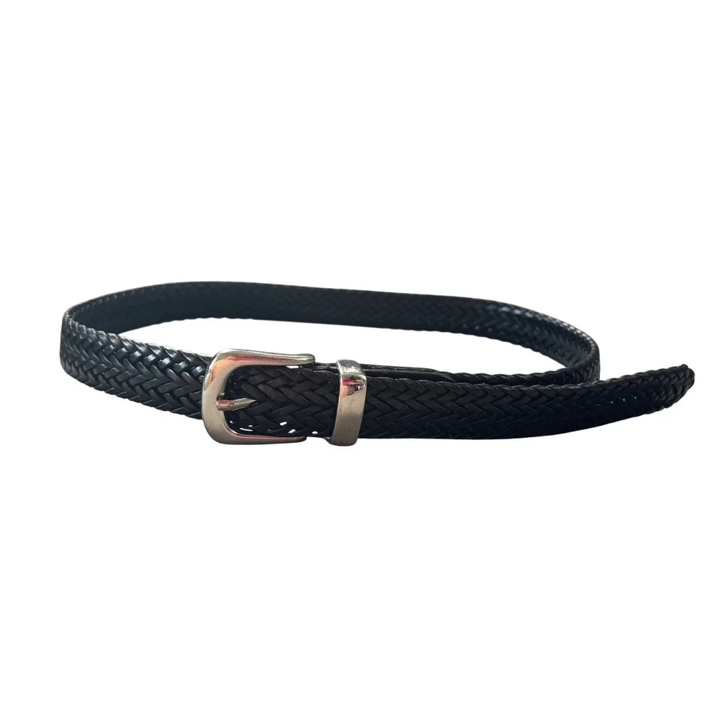Ben Pollack Woven Braided Bonded Leather Belt Black Silver Buckle Size Small